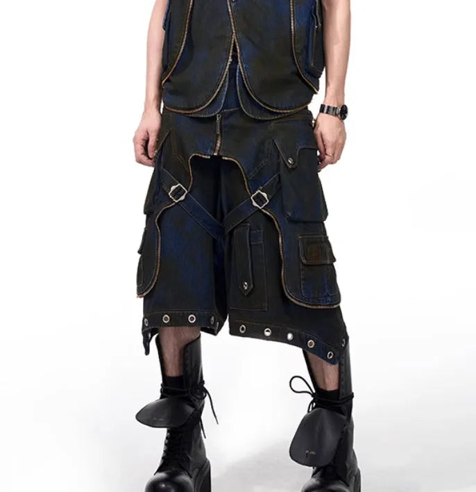 Blue heavy industry hooded denim vest and matching trousers set on a model, showing zippered front and Korean style.