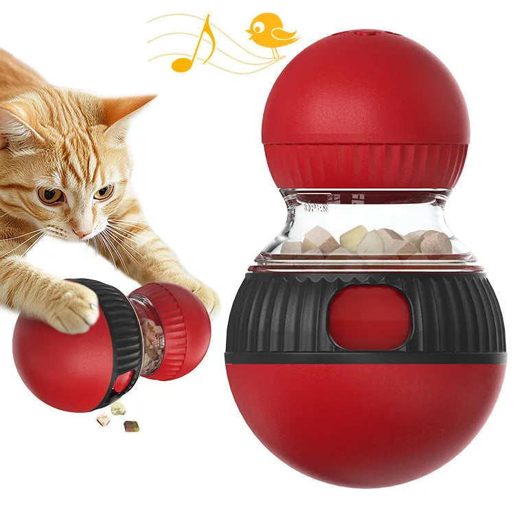 Rotating plastic cat toy with food-dropping mechanism and sound element in super ball colour