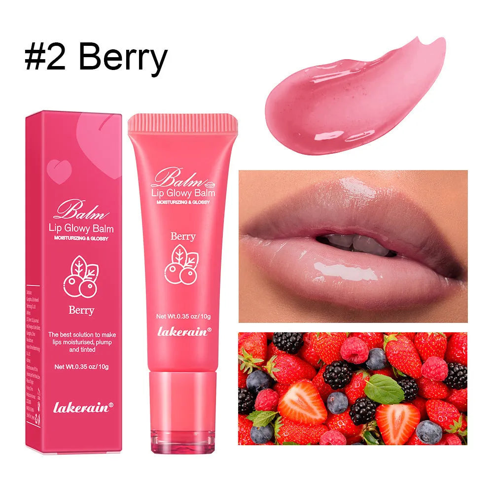 Women's natural finish lip gloss in yellow peach, berry, grapefruit, and grape flavours