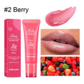 Women's natural finish lip gloss in yellow peach, berry, grapefruit, and grape flavours