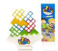 Plastic balance stacking game with 16 coloured blocks, chassis and base on a table