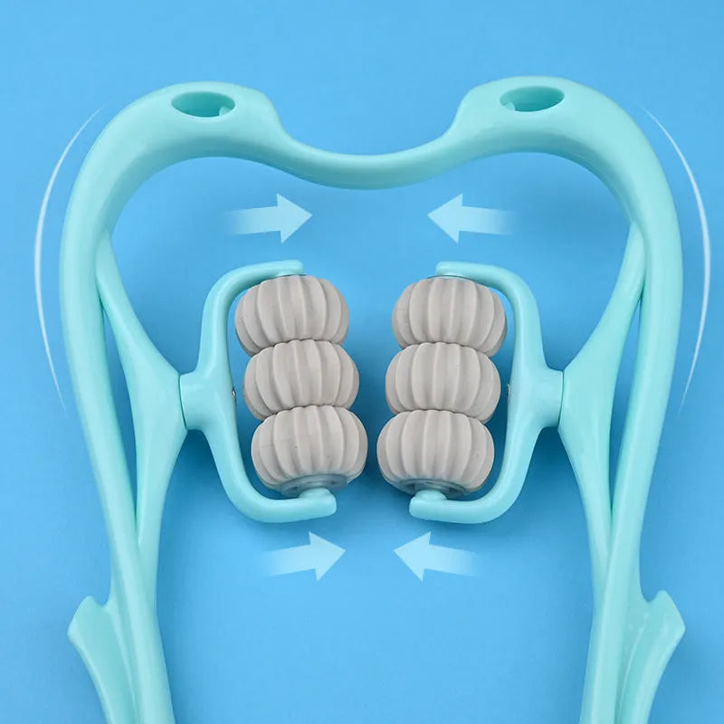 Blue plastic handheld six-wheel massager for neck shoulders and waist