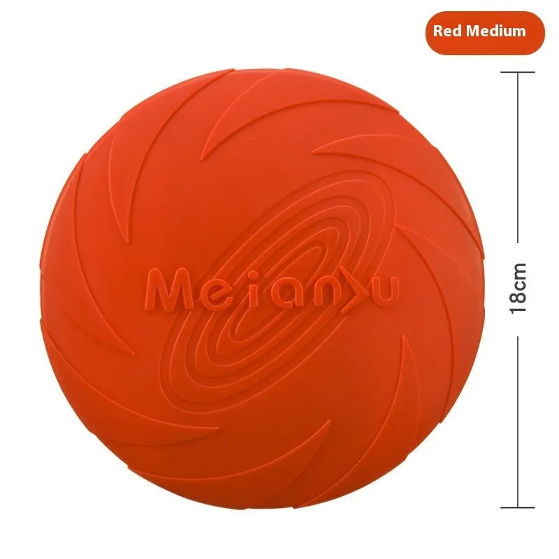 Soft rubber dog frisbee for outdoor fetch available in small, medium, large sizes and blue, green, red colours.