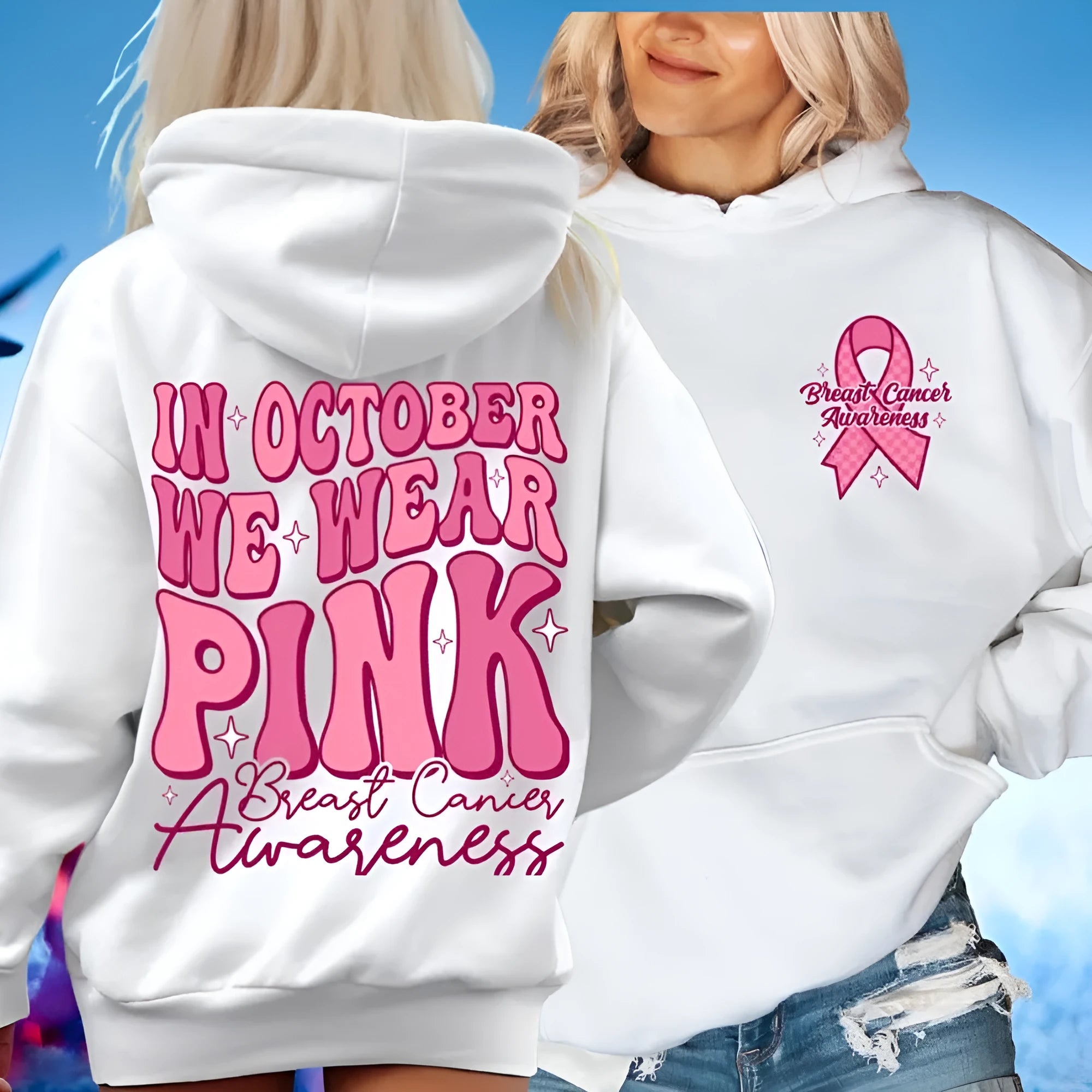 Breast Cancer Awareness hoodie with hot stamped retro pattern and side seam pocket in pink colour