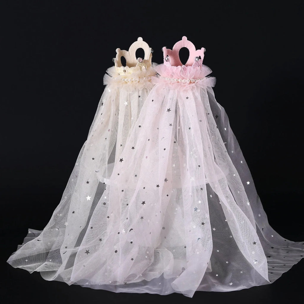 Pet princess crown headdress with beige and pink veil options for cat wedding celebrations