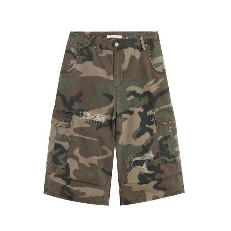 Men's camouflage coloured cropped jeans with ripped detailing and straight leg loose fit