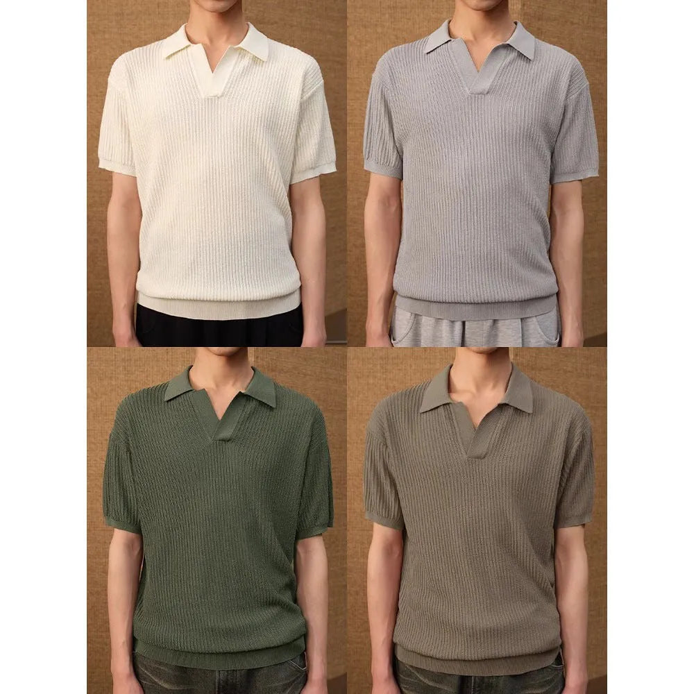 Men's creamy-white loose fit polo shirt with short sleeves and business collar for summer wear.