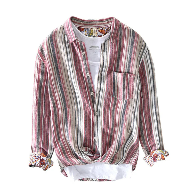 Red and grey striped linen shirt for men with long sleeves and loose fit design