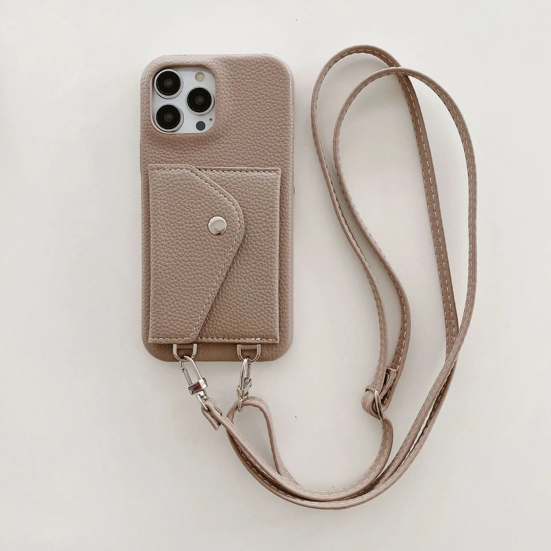 PC leather phone case with card holder and crossbody lanyard for iPhone, lychee pattern texture, black colour