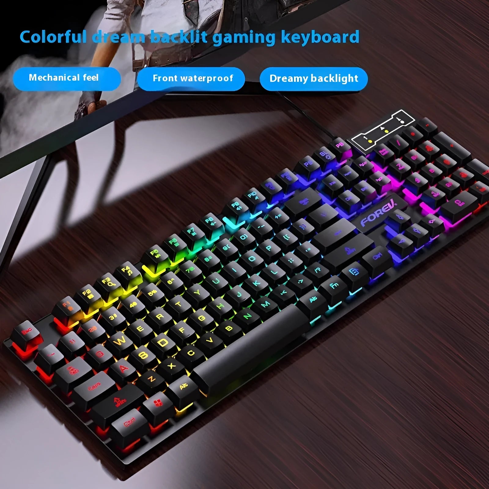 Black mechanical gaming keyboard with 104 keys and backlight on desk