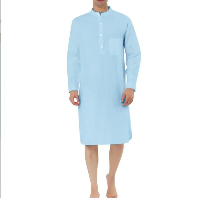 Men's simple cotton shirt robe with pockets shown in one of nine available colours.
