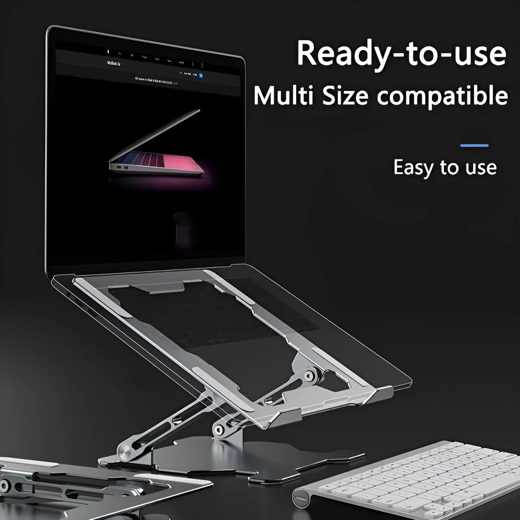 Grey aluminum laptop stand showing adjustable angle mechanism and folding design