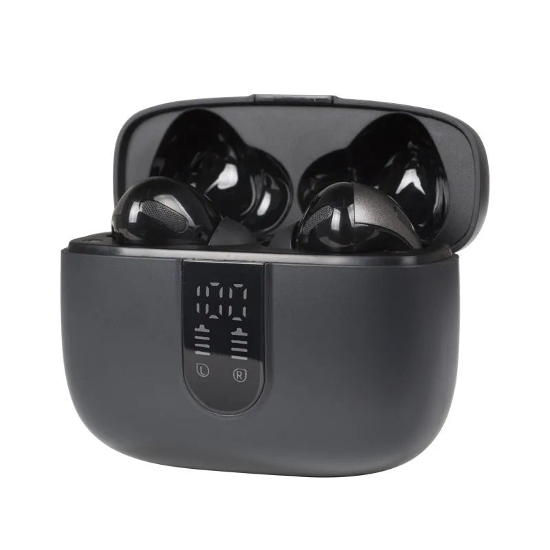 Jerry X08 wireless headphones with digital display showing pairing status and USB charging case