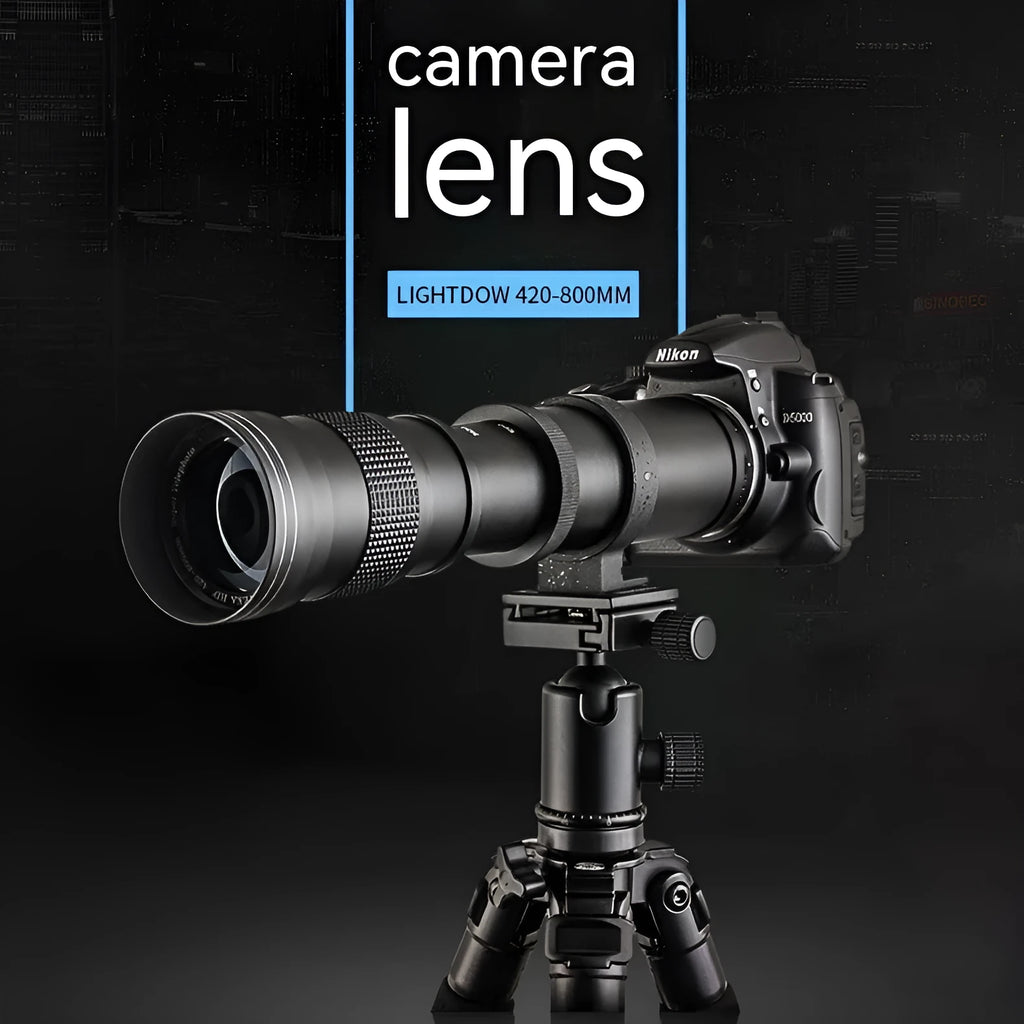 420-800mm manual telephoto zoom lens with T-mount, black barrel, 67mm filter thread, for DSLR cameras
