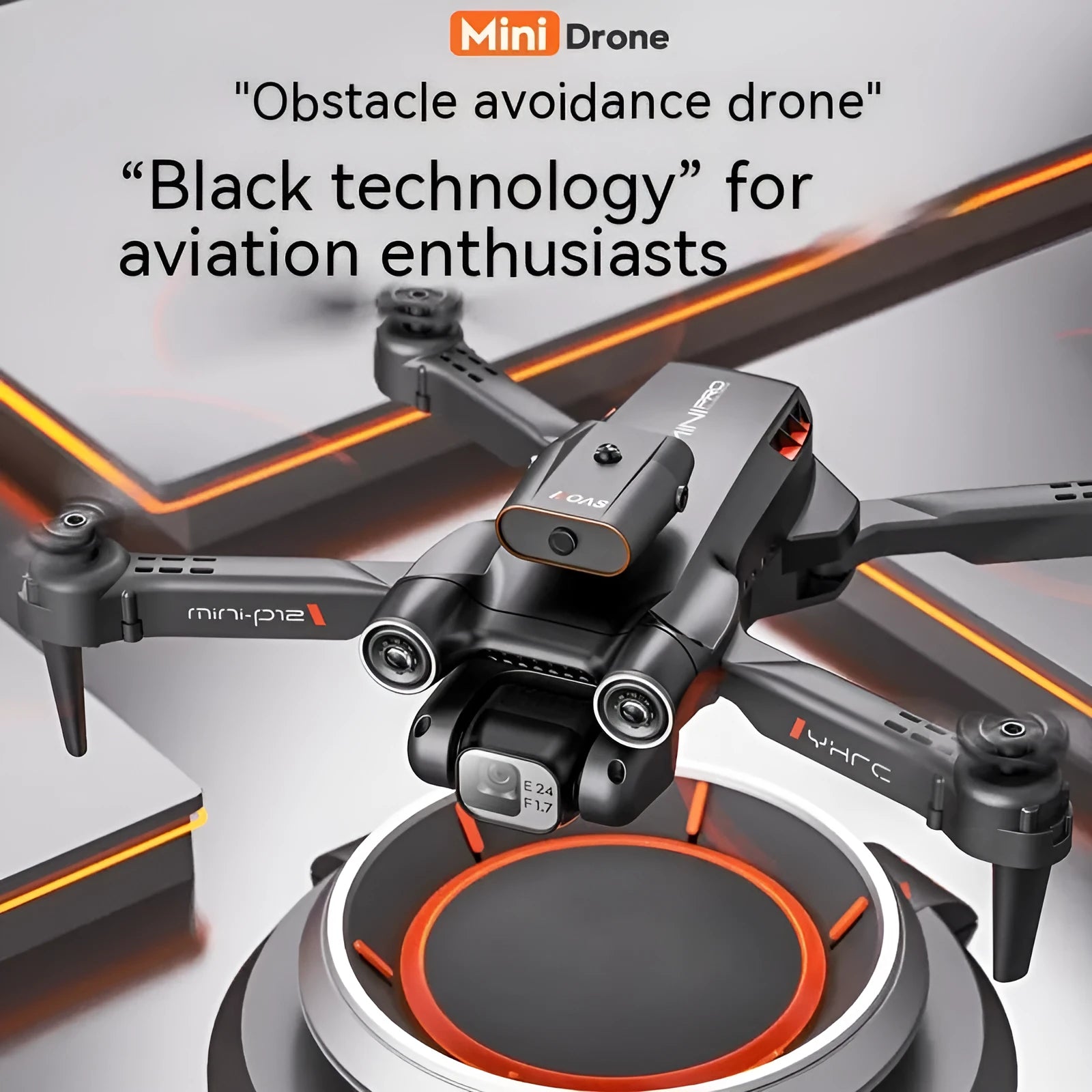 Black and orange remote-controlled quadcopter with HD camera folded for transport showing propeller blades and infrared sensors