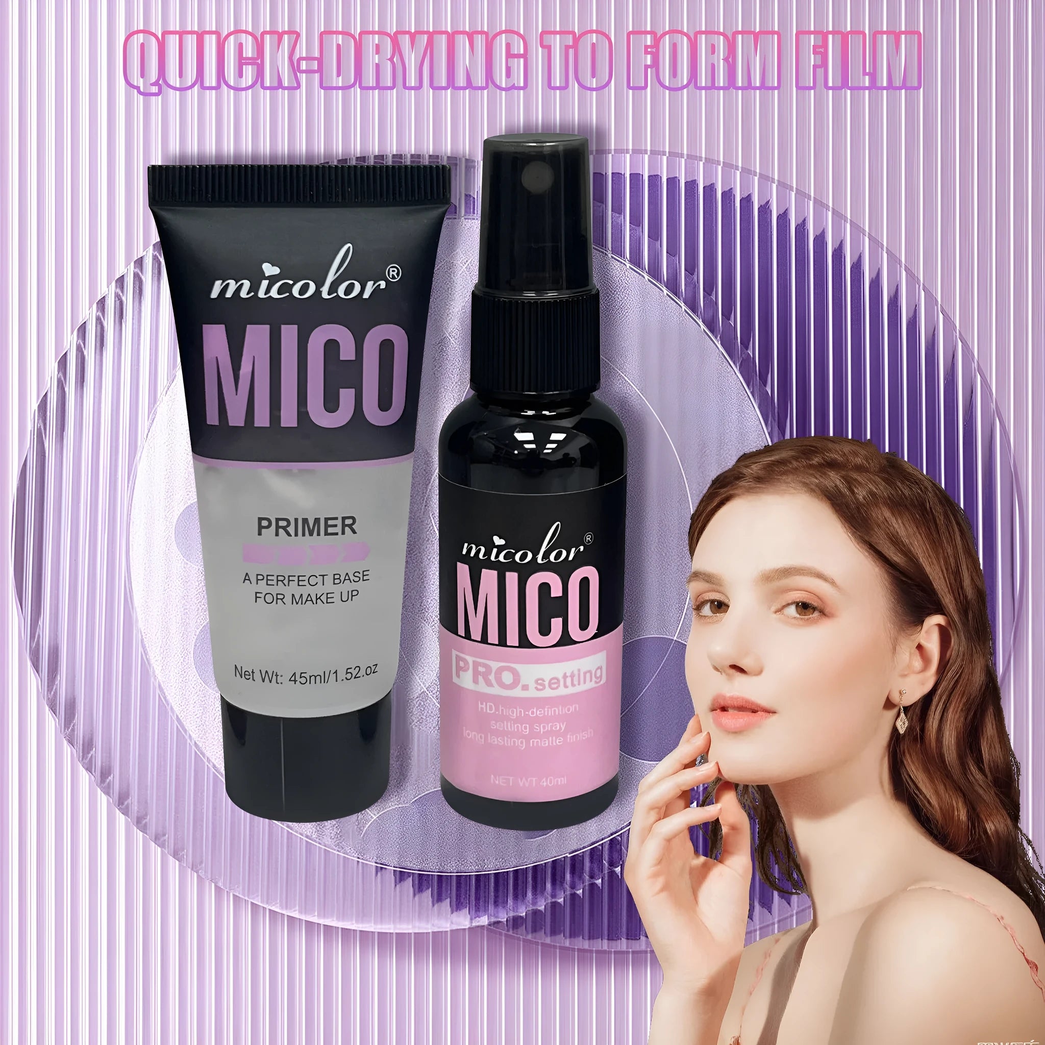 Makeup primer and finishing spray two-in-one set with 45ml and 40ml bottles monochrome design