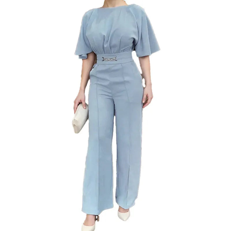 Blue polyester men's suit set with trousers and long sleeve jacket
