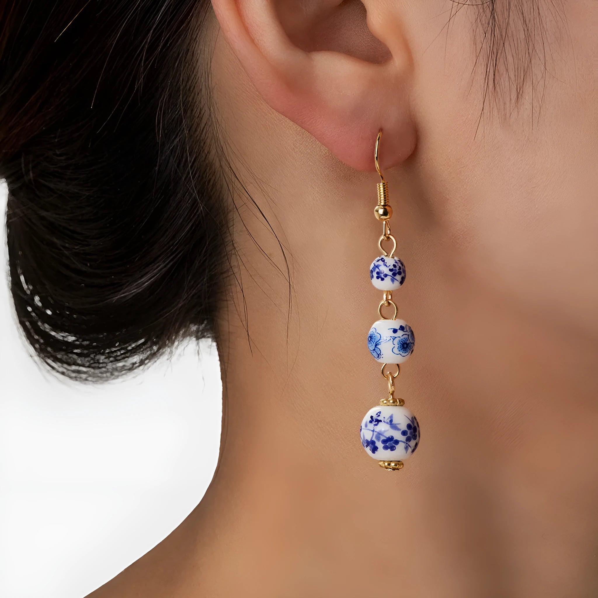 Blue and white porcelain ceramic beads long retro drop earrings for women with alloy hook