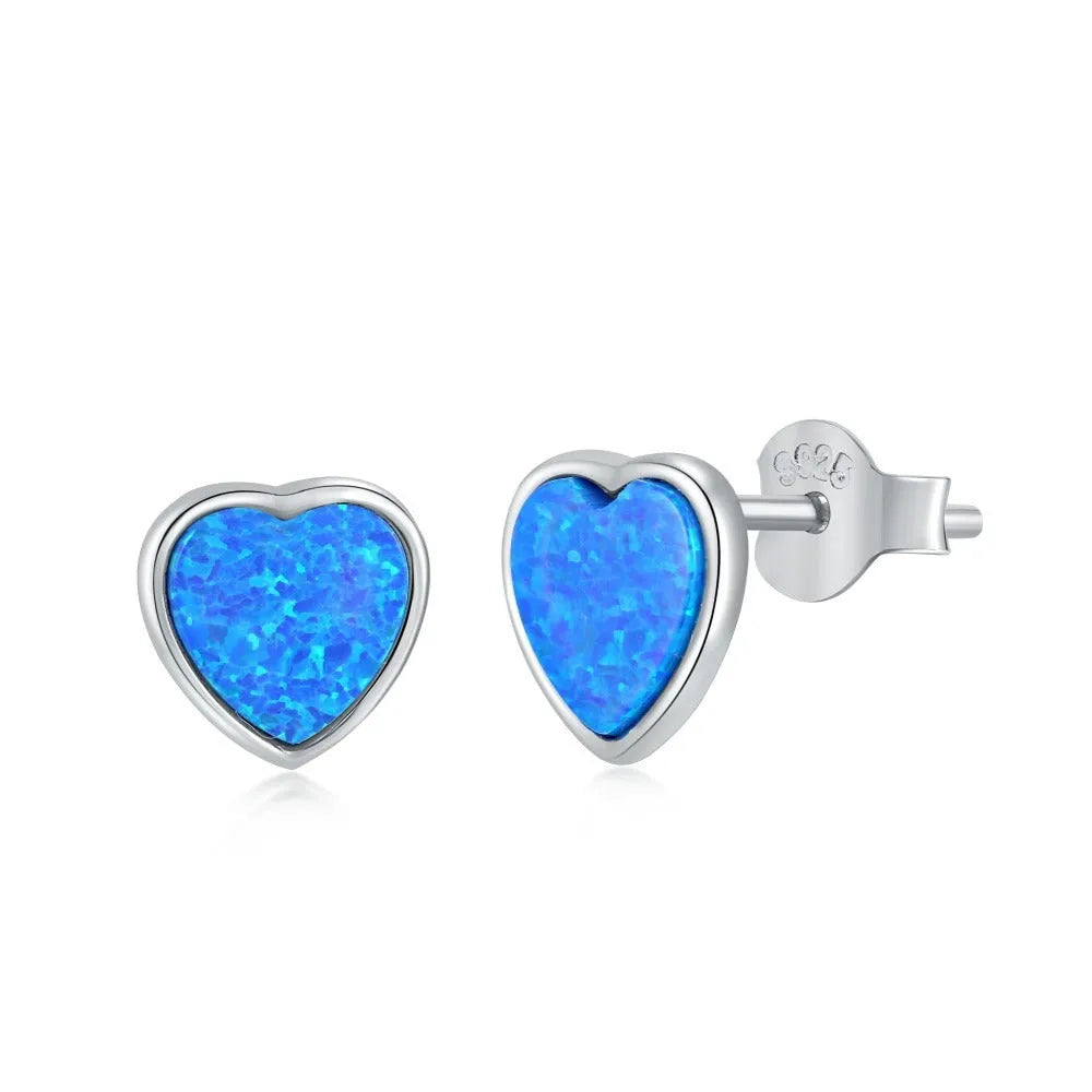925 silver love opal earrings, heart shape, blue electroplated fairy style for women