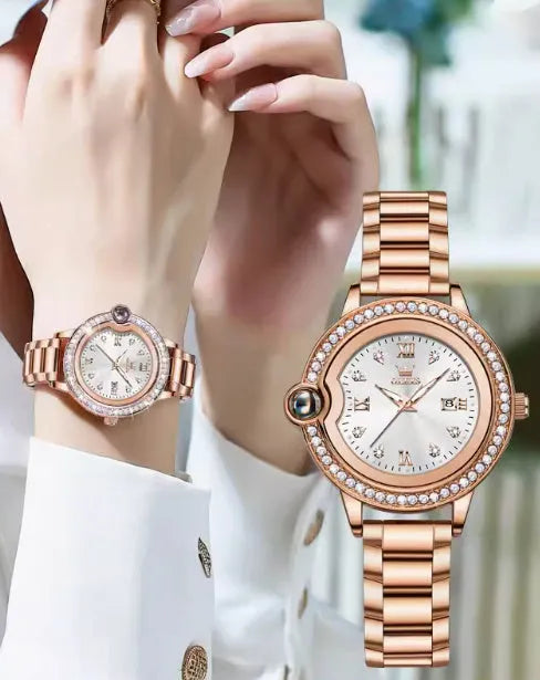 Explosions ladies watch rose gold stainless steel round dial 33mm quartz movement butterfly clasp