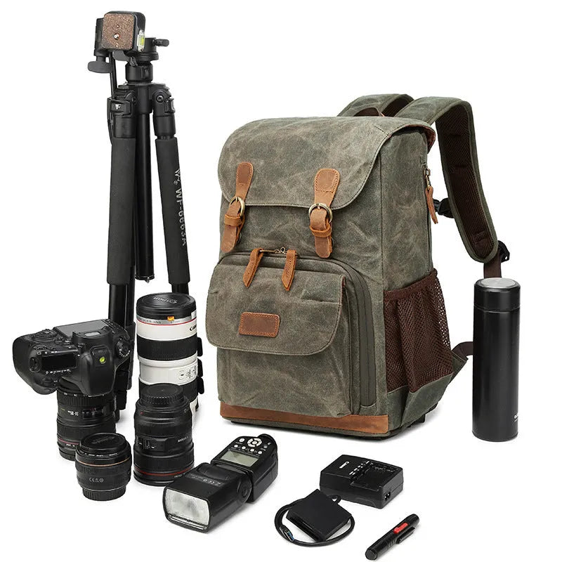 Canvas multi-functional DSLR camera backpack in khaki, waterproof and wear-resistant solid colour design