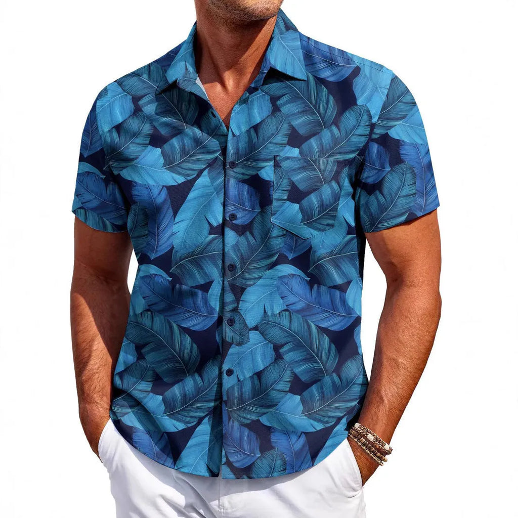 Men's slim fit Hawaiian shirt with tropical print and short sleeves on mannequin