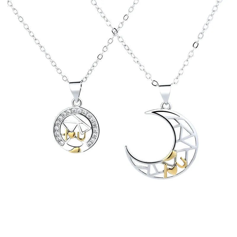 Copper sun and moon tooth couple necklace with electroplated finish on cross chain.