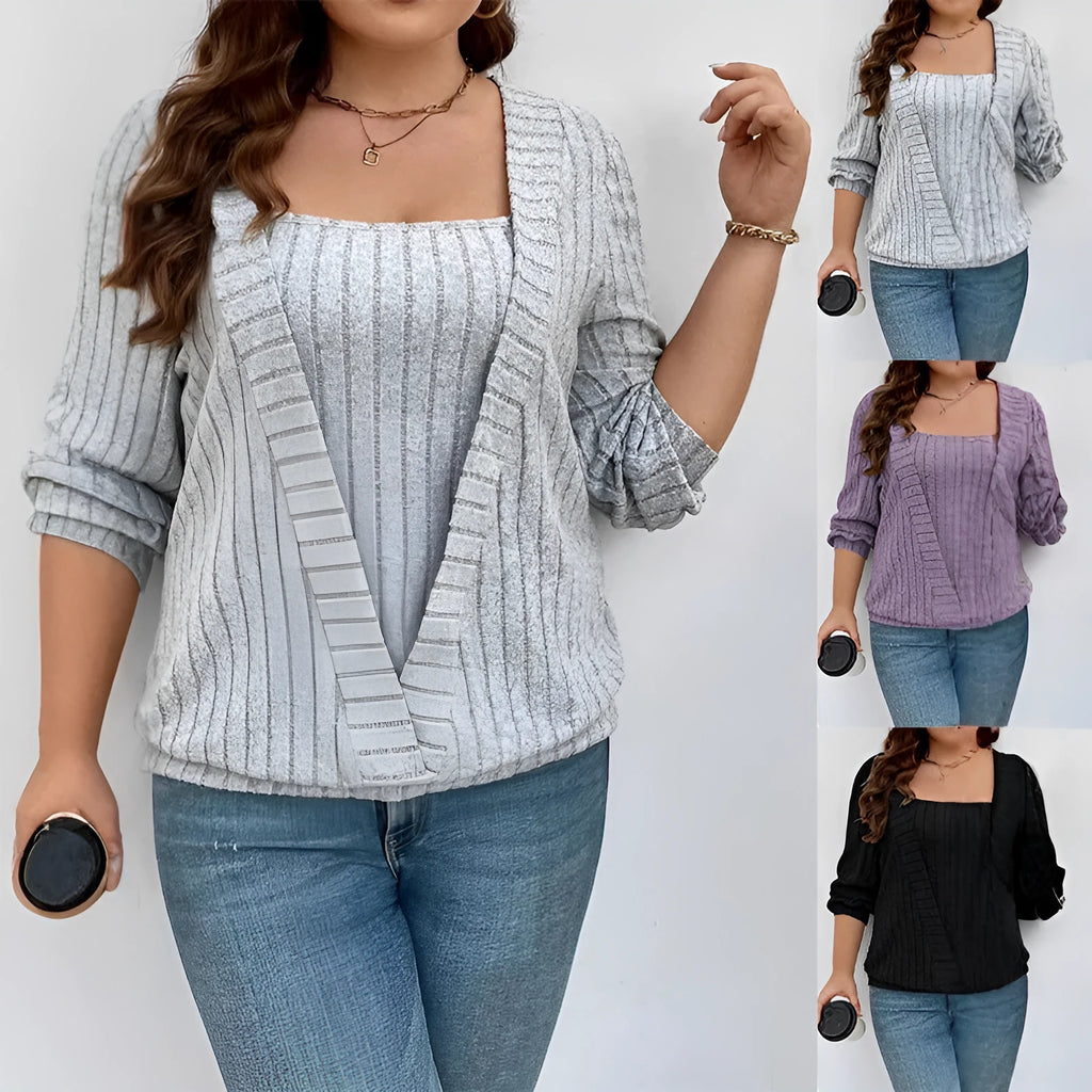 Solid colour rib knit V-neck false two-piece suit with long sleeves in loose fit.