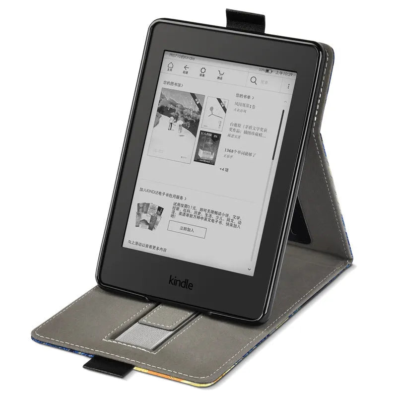 Printed TPU protective case for 6-inch Kindle showing artistic design options and bracket-style construction