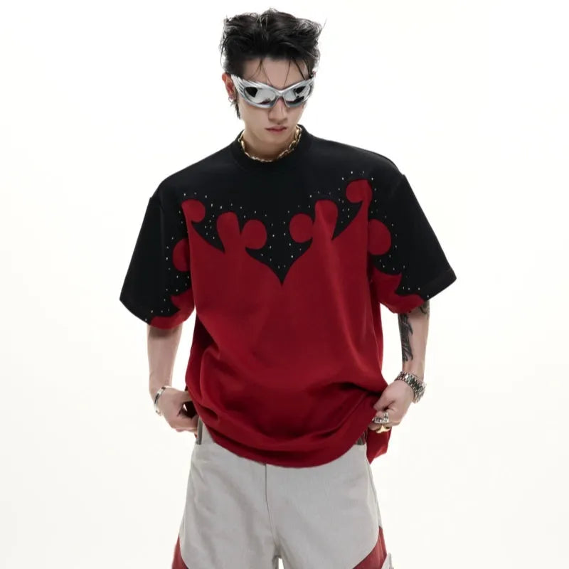 Men's grey cotton shirt with three-dimensional stitching and burnt flower rhinestone decoration on front