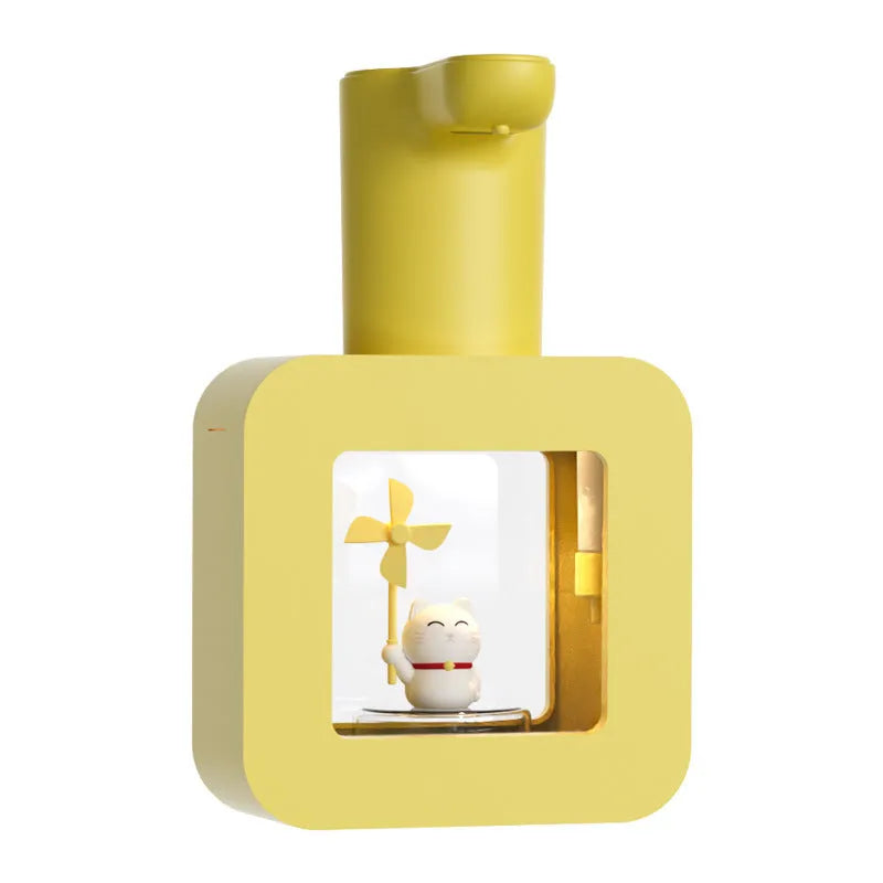Pink automatic foam soap dispenser with cartoon unicorn and kitten designs for touchless handwashing