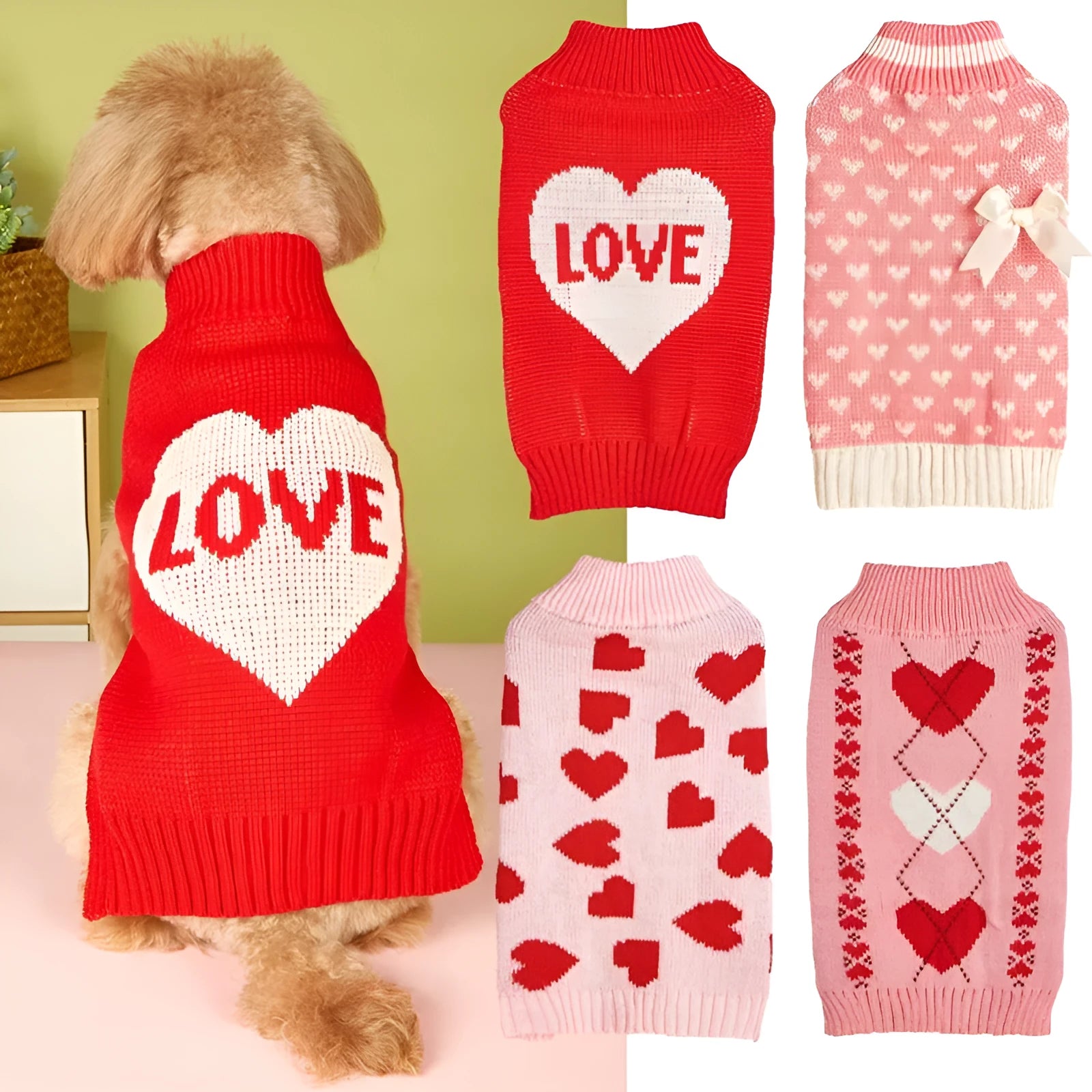 Dog wearing red love heart and pink bow decorated acrylic sweater