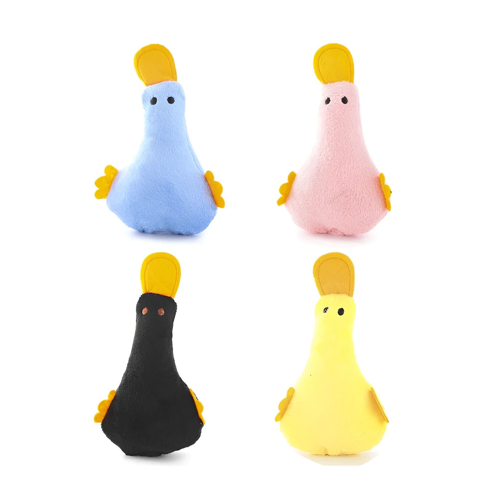 Duck-shaped plush pet toy with squeaker and catnip filling in assorted colours for cats and dogs