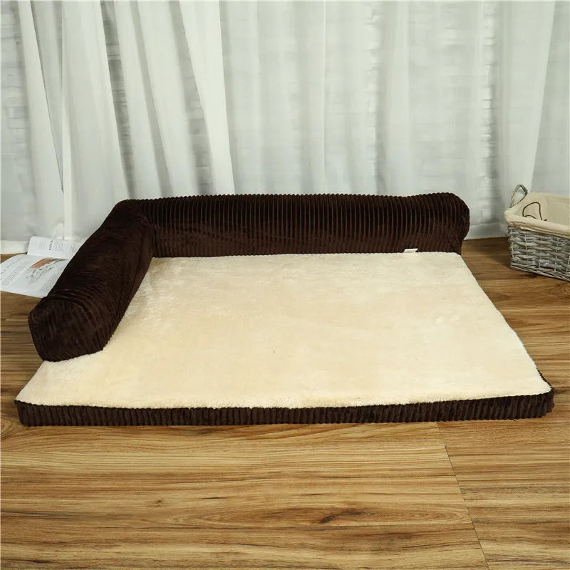 Corduroy pet sofa dog bed in grey colour with non-slip base, shown in a Large size.