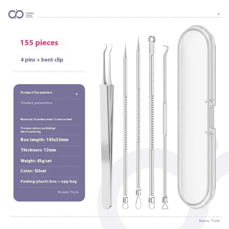 Four silver metal acne needles with fine pointed tips laid out on a surface.