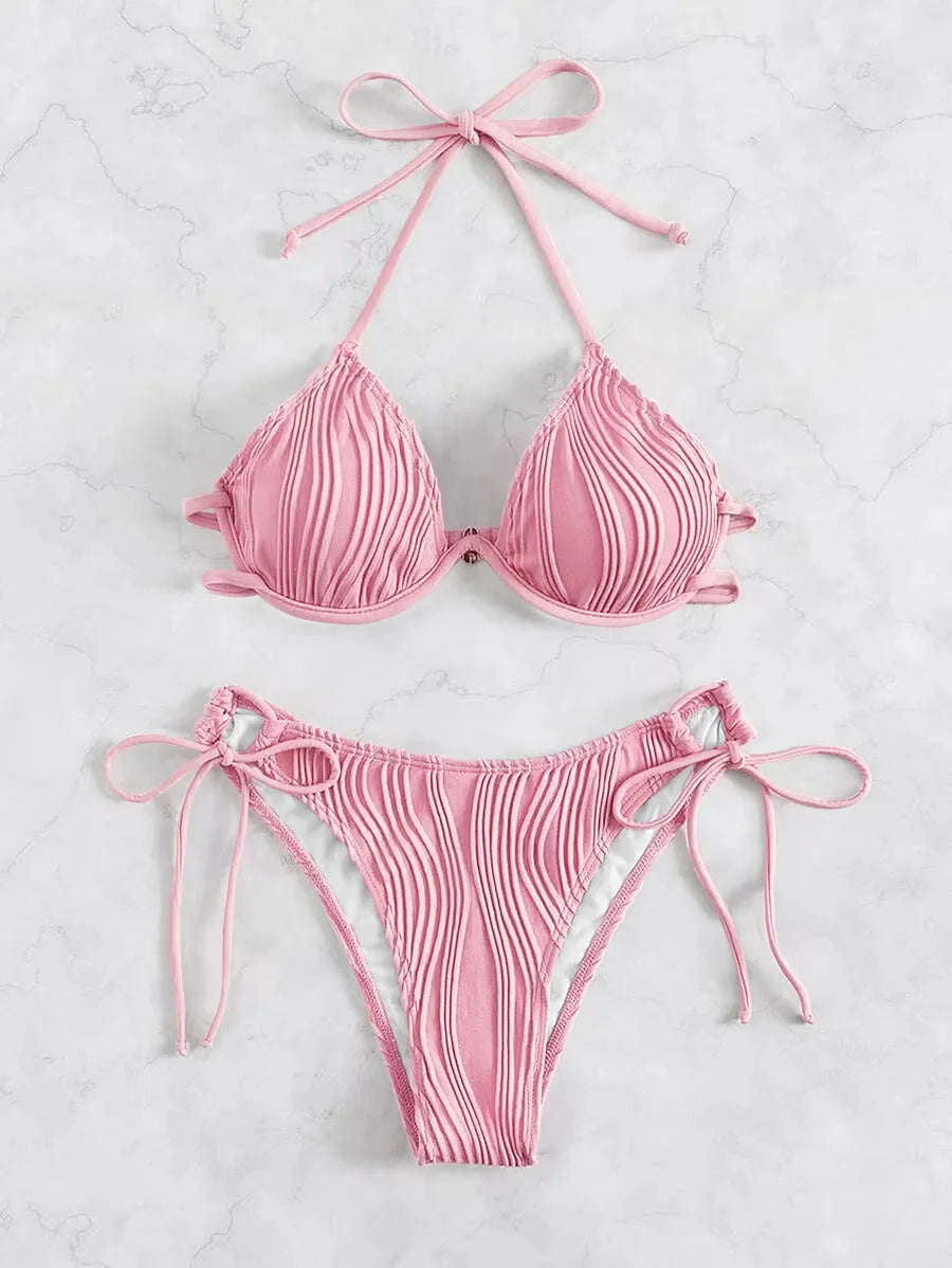 Women's split bikini swimsuit with steel bracket underwire in various colours on a mannequin.