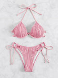 Women's split bikini swimsuit with steel bracket underwire in various colours on a mannequin.