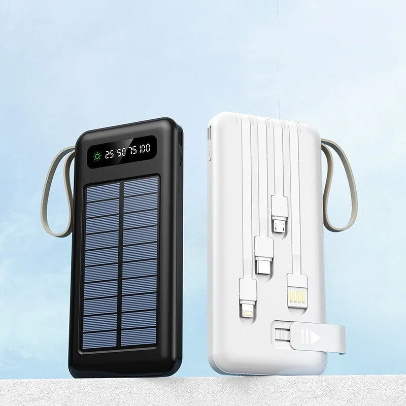 Solar power bank in black or white with capacity options of 20000mAh and 30000mAh