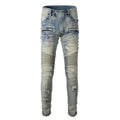 Men's light blue distressed slim fit jeans with hand-frayed detailing and stretch denim fabric