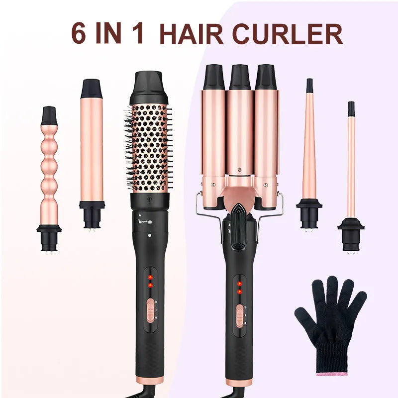 Three-tube water wave hair curler with wired AC power for curly and straight hair styling