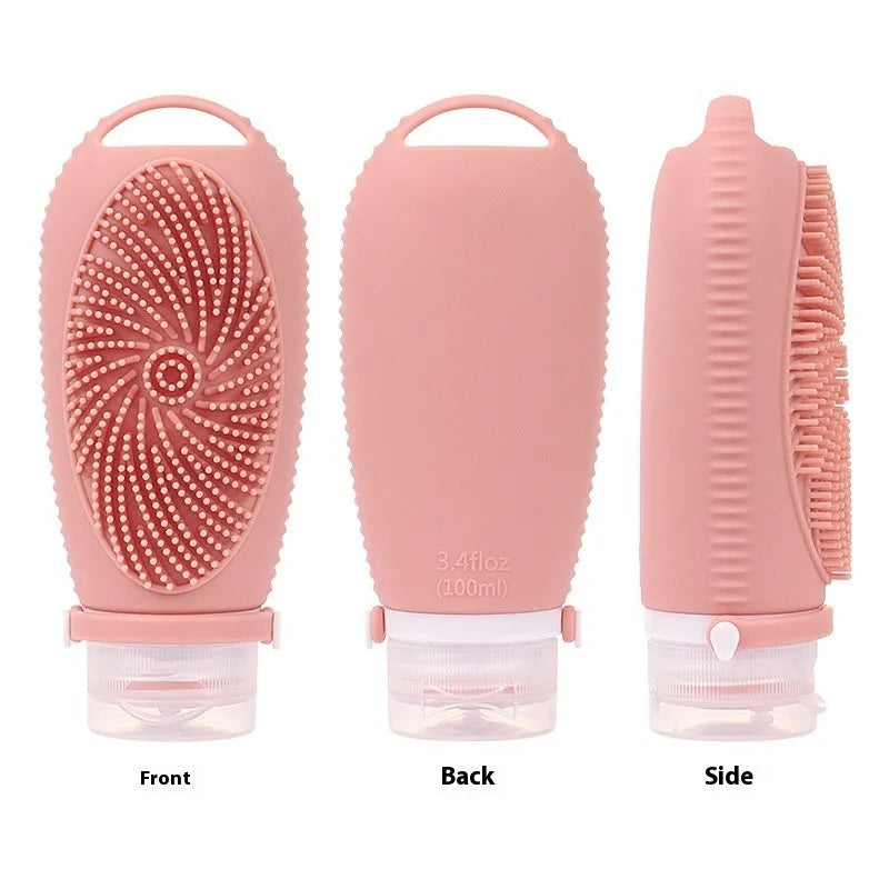 Silicone bath brush storage bottle 100ml with brush head and dispenser in pink colour option