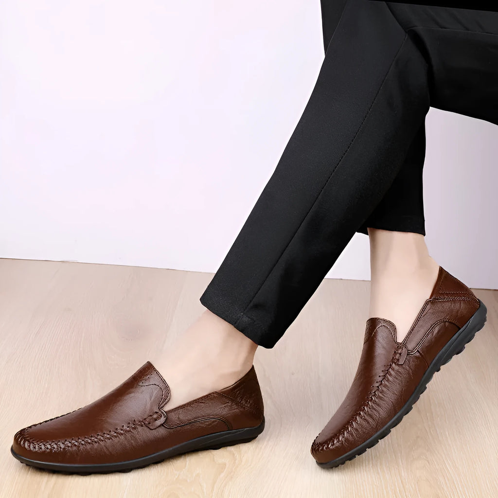 Men's cowhide leather business casual shoes round toe solid colour rubber sole available in black brown and cotton-lined versions
