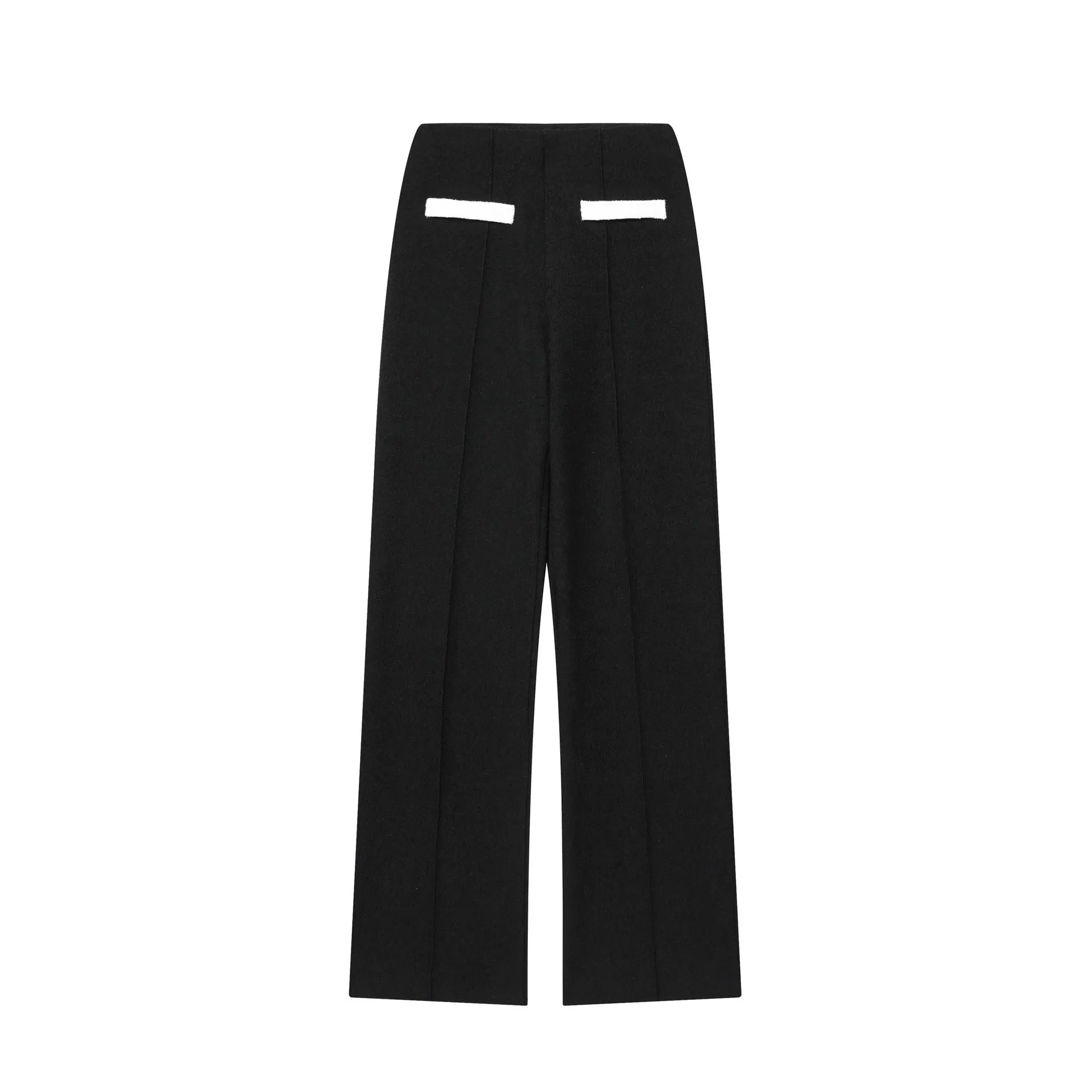 Street fashion trousers suit showing round neck top and high-waisted trousers in casual pants colour