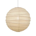 Japanese style rice paper pendant chandelier hanging from a ceiling, providing soft ambient light.