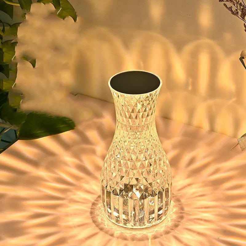 Vase shape crystal table lamp with diamond-like light effect on bedside table, touch dimmable USB rechargeable LED
