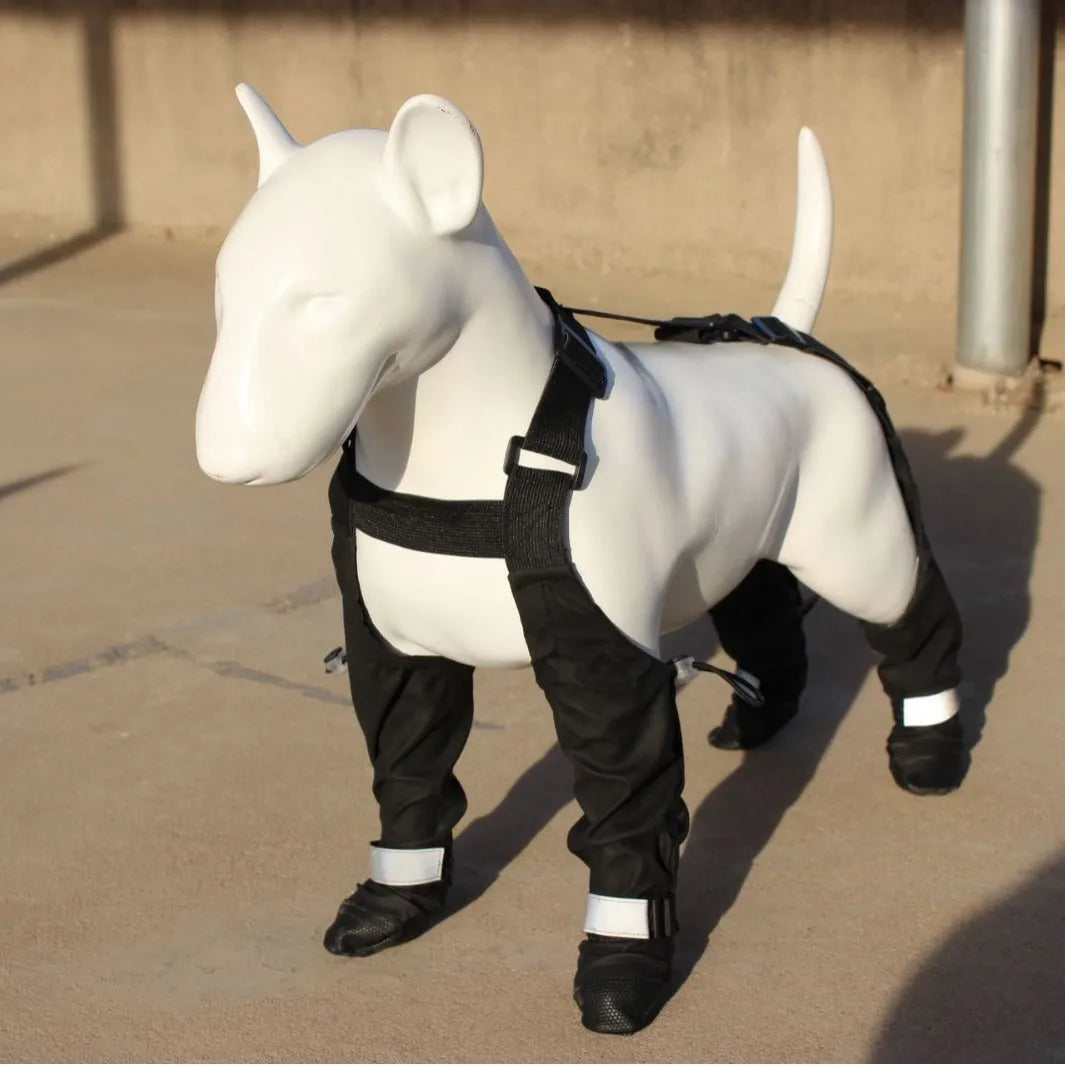 Black dog paw protectors with adjustable Velcro straps, waterproof non-slip soles