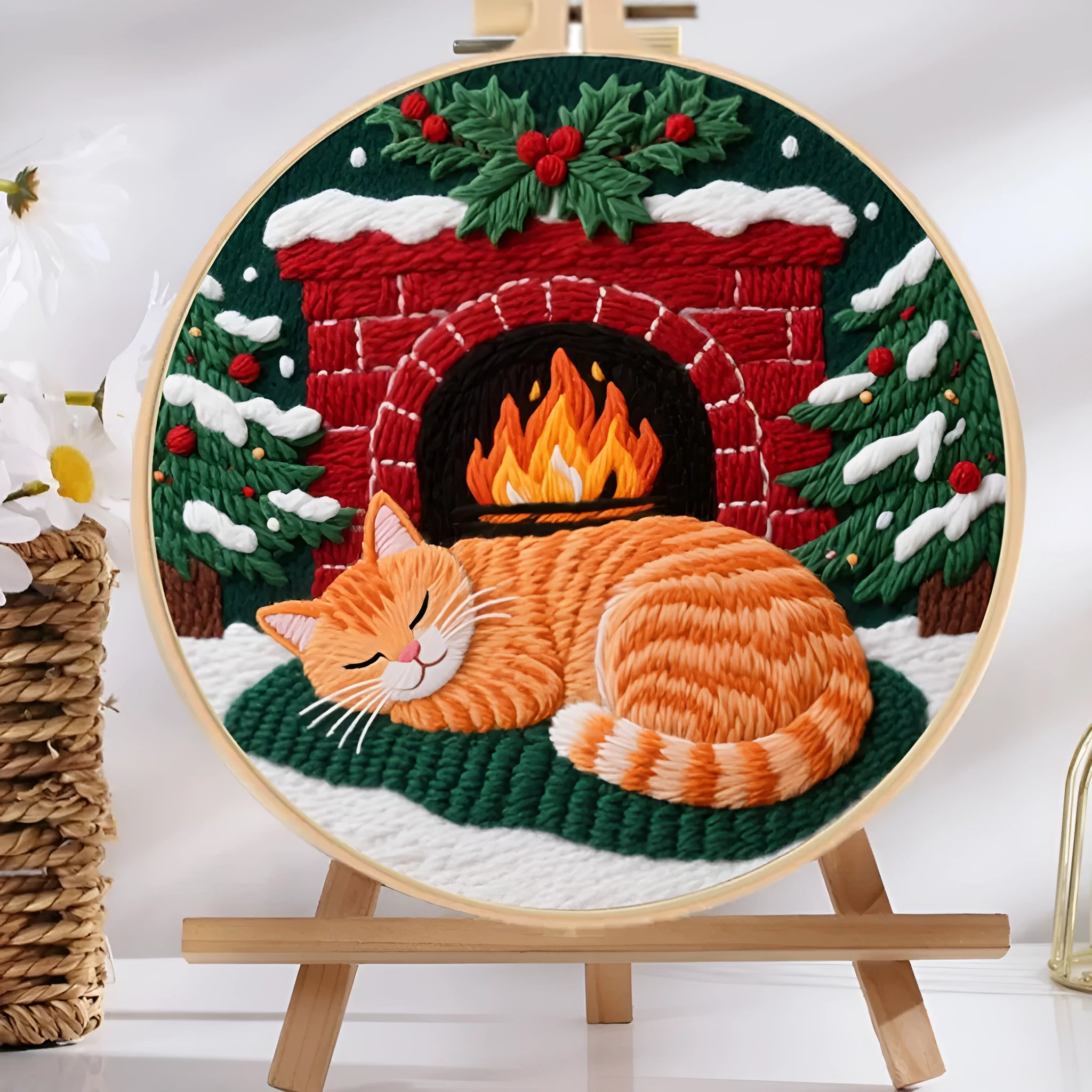 Cat embroidery DIY material kit with cotton linen fabric, 20cm bamboo hoop, and scissors on a table.