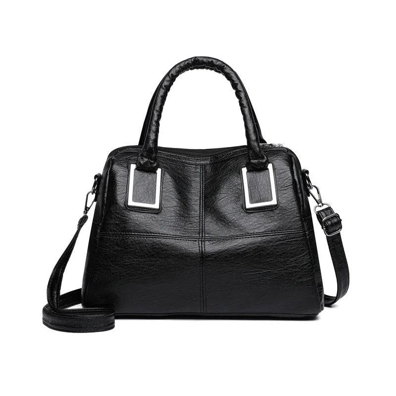 Simple large capacity women's shoulder bag in a horizontal square shape with internal phone and document pockets.