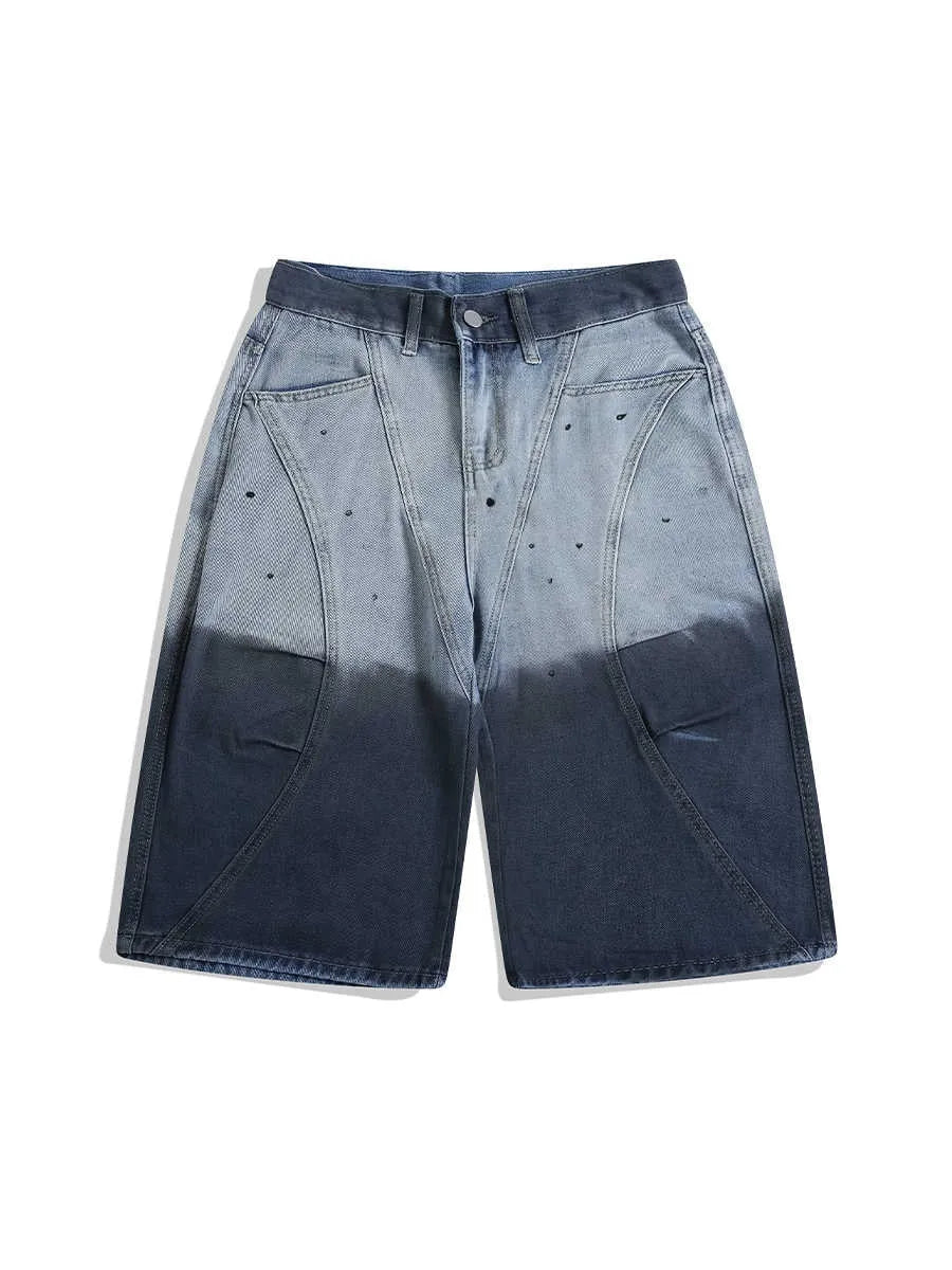 Tie-dye gradient worn looking washed-out cropped jeans in blue, loose fit mid waist style on model