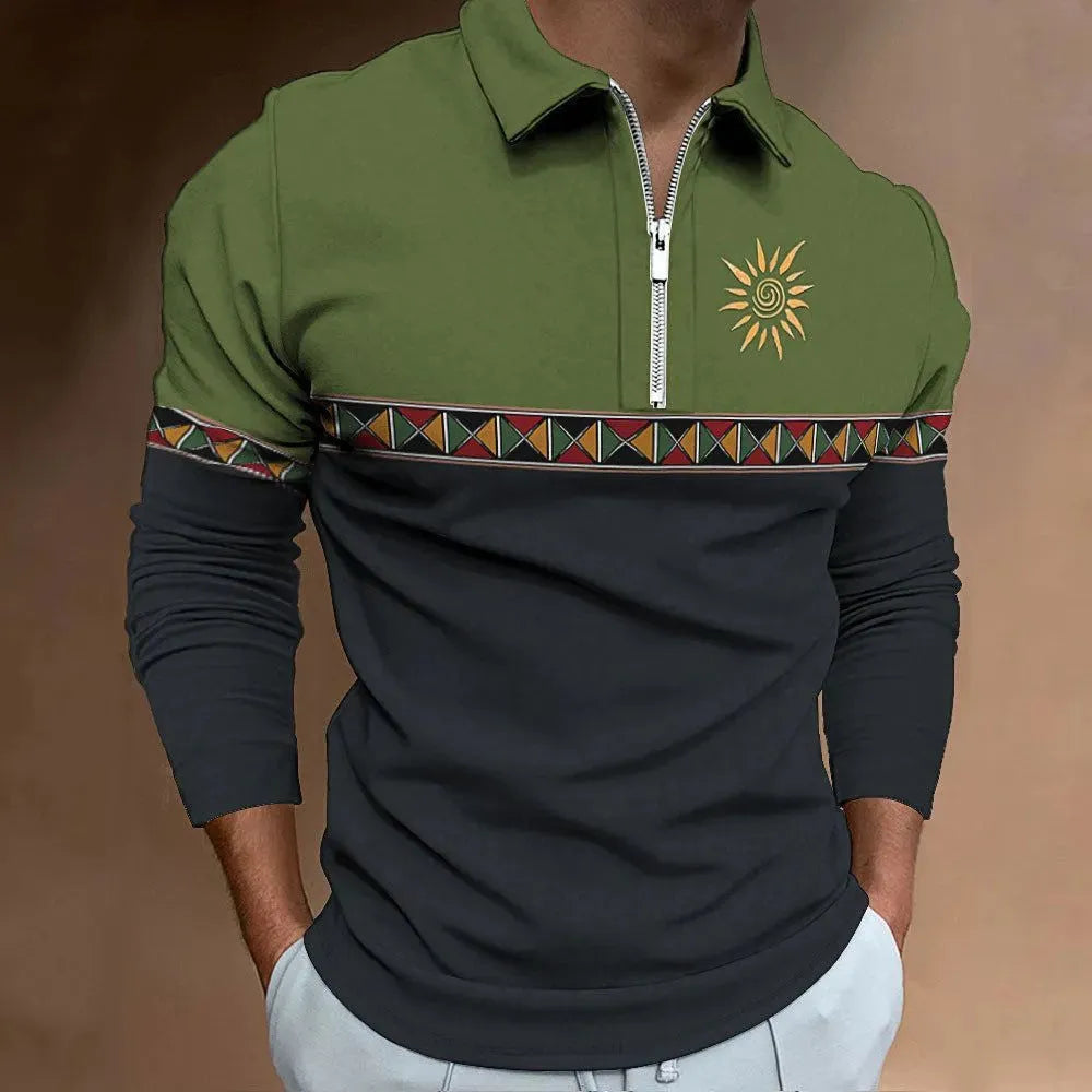 Men's loose fit long sleeve polo shirt with retro colour printing and zip decoration details.